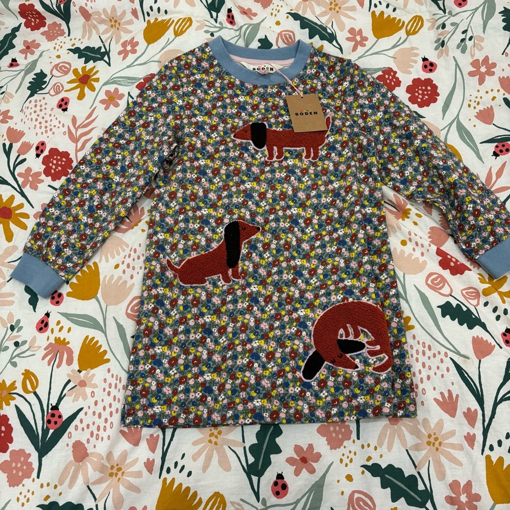 NWT Mini Boden Weiner Dog Floral Long Sleeve Tunic Sweatshirt Dress Size 4-5